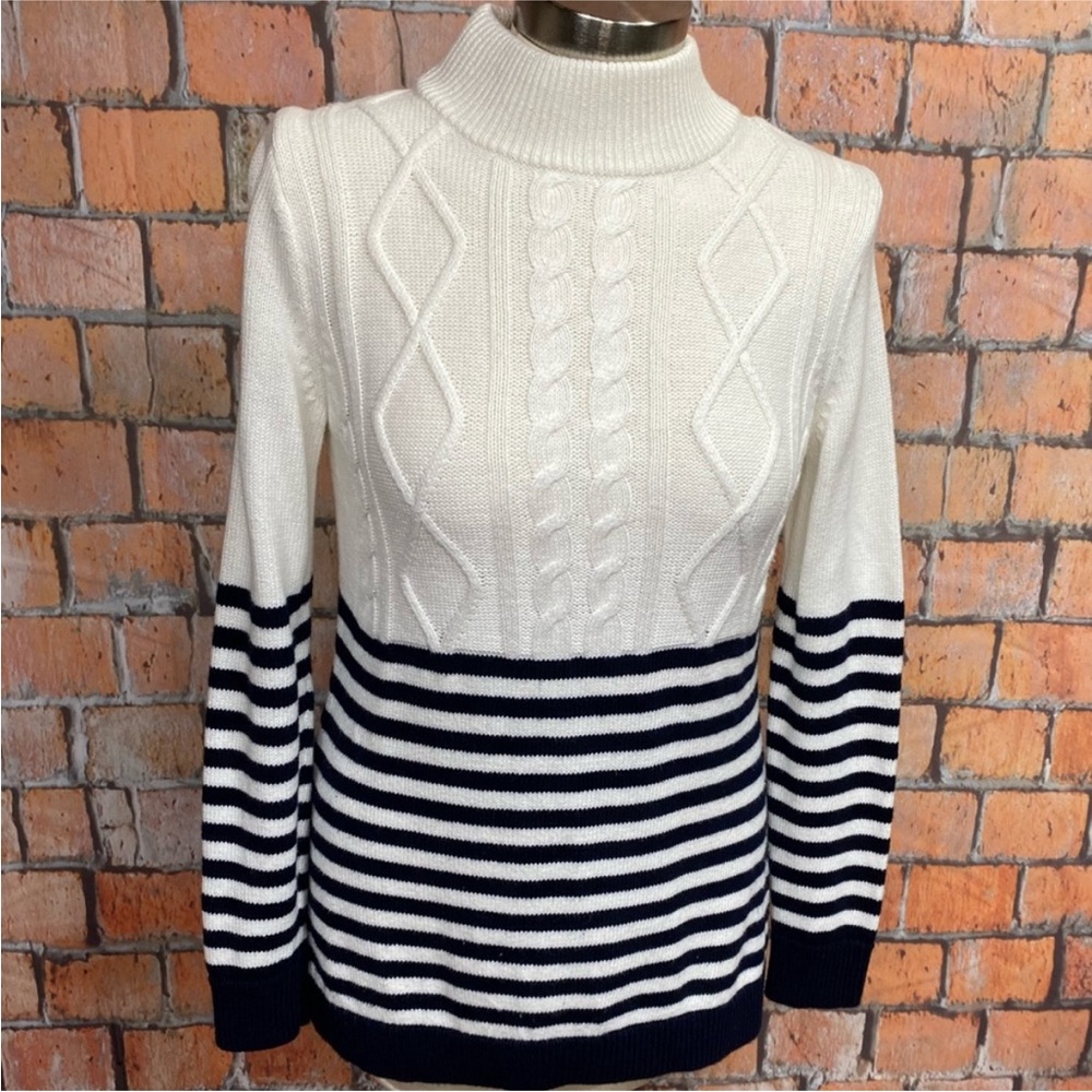 Talbots White and Navy Striped Mock Neck‎ Sweater
